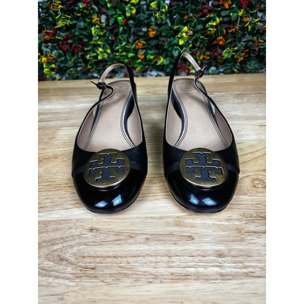 Tory Burch Chelsea Black Leather Patent Cap Toe Slingback Block Heel Pumps 9M